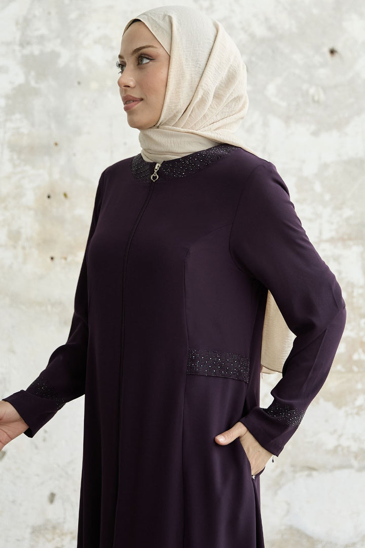 MDS Women Stone-embellished Abaya with Collar and Sleeves - Purple - Santa Cruz Xoxocotlán