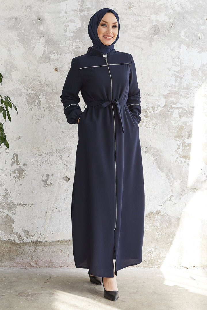 MDS Women Milena Belt Detail Belted Abaya - Navy - Parla