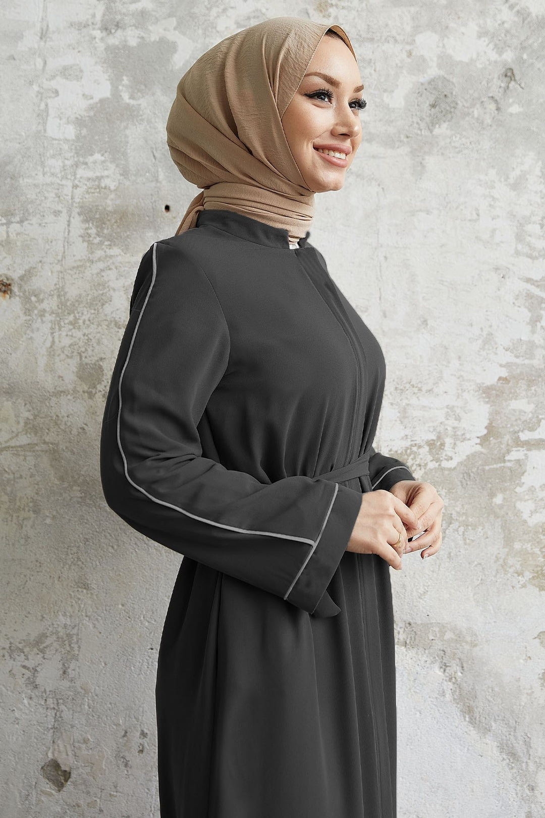 MDS Women Salvia Loose Sleeve Biye Patterned Abaya - Anthracite - Nettetal