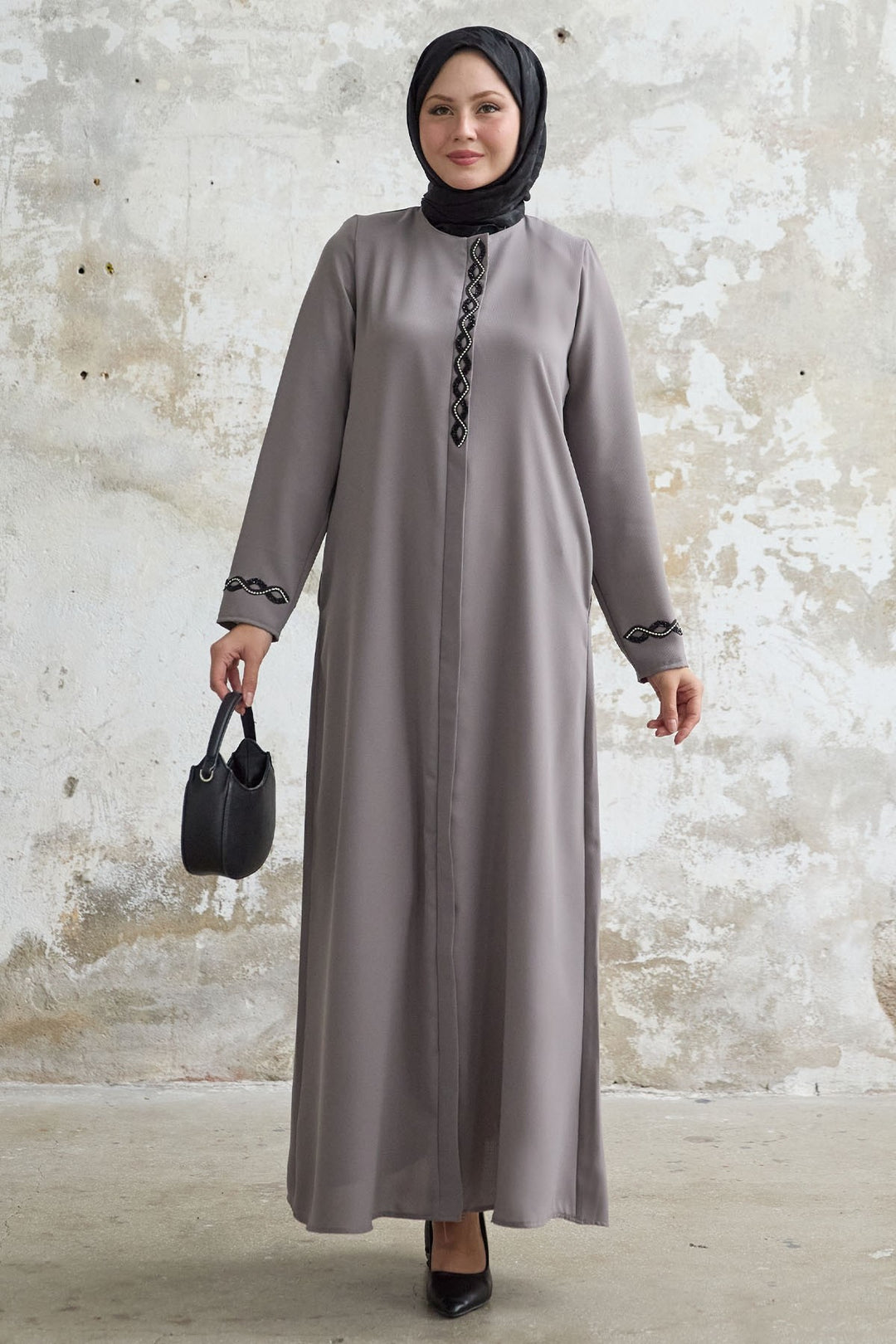 MDS Women Spiral Stone Detailed Honeycomb Mink Abaya - Silver Spring