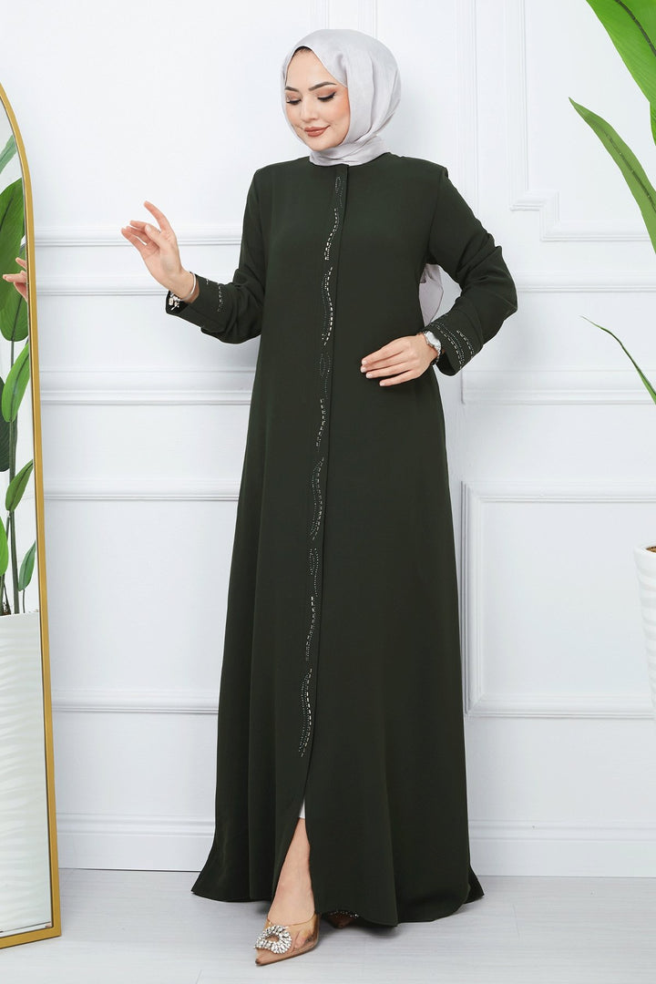 MDS Women Scattered Stone Honeycomb Abaya - Khaki - Detroit