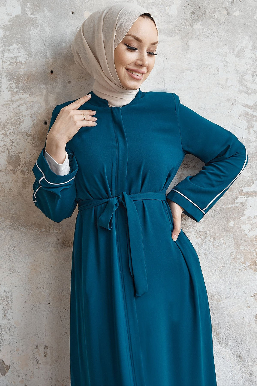 MDS Women Salvia Loose Sleeve Biye Patterned Abaya - Petrol Blue - Council Bluffs