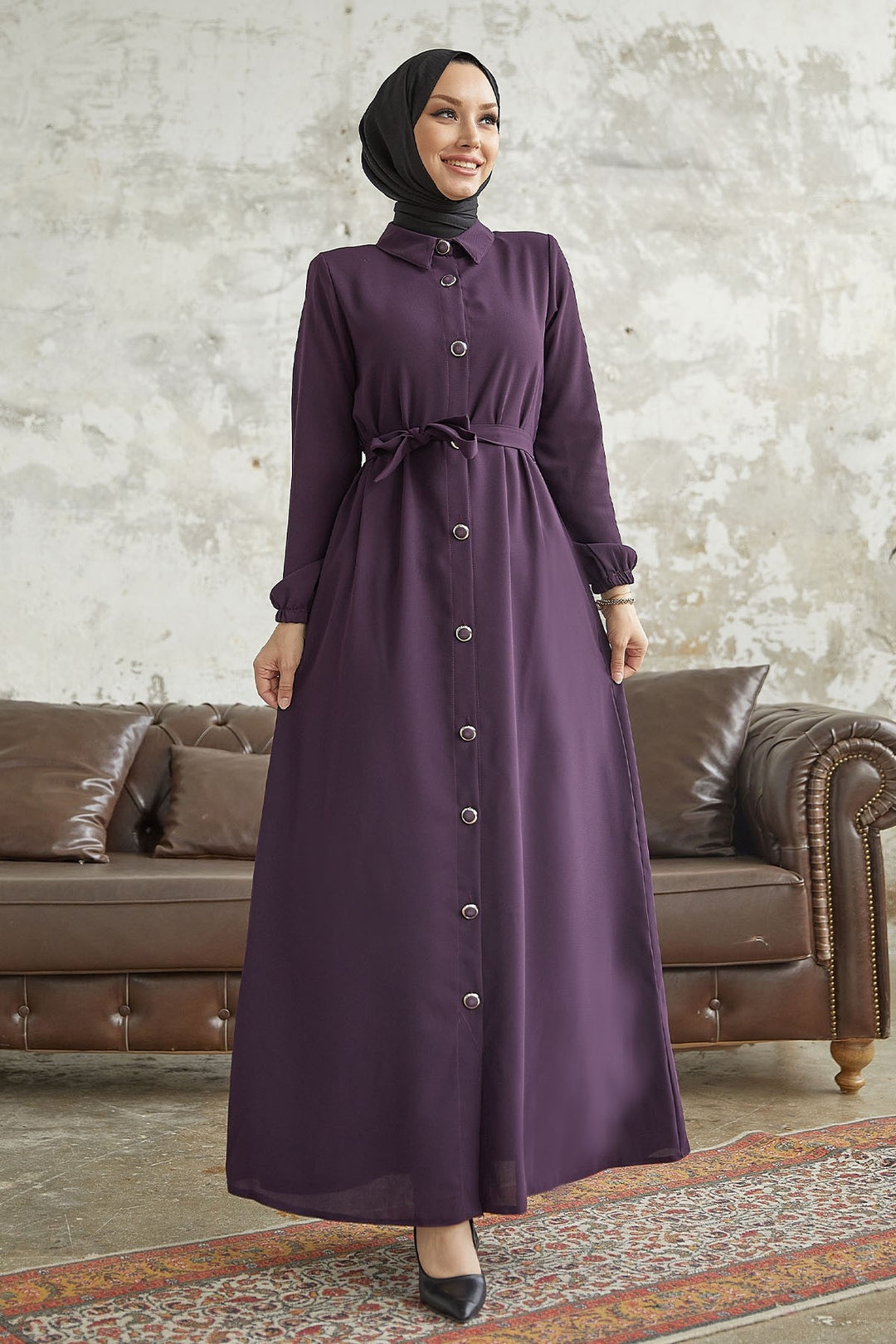 MDS Women Linny Buttoned Shirt Collar Abaya - Purple - Aranjuez