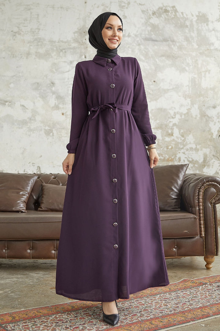 MDS Women Linny Buttoned Shirt Collar Abaya - Purple - Aranjuez