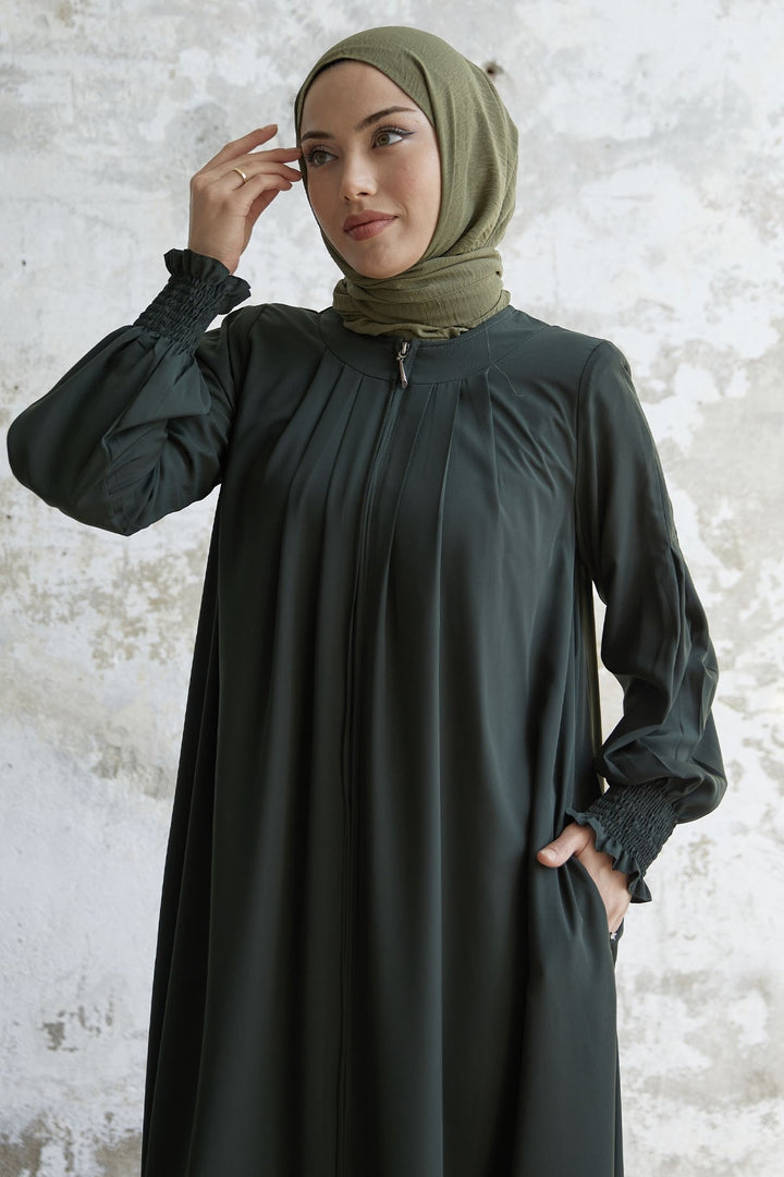 MDS Women Pleated Detail Ruched Abaya - Khaki - Wrecsam
