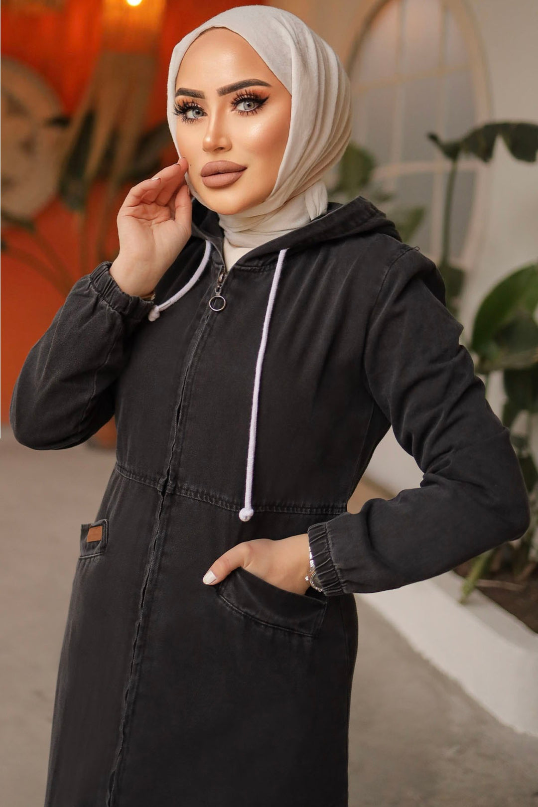 MDS Women Zippered Hooded Denim Abaya - Black - Marburg