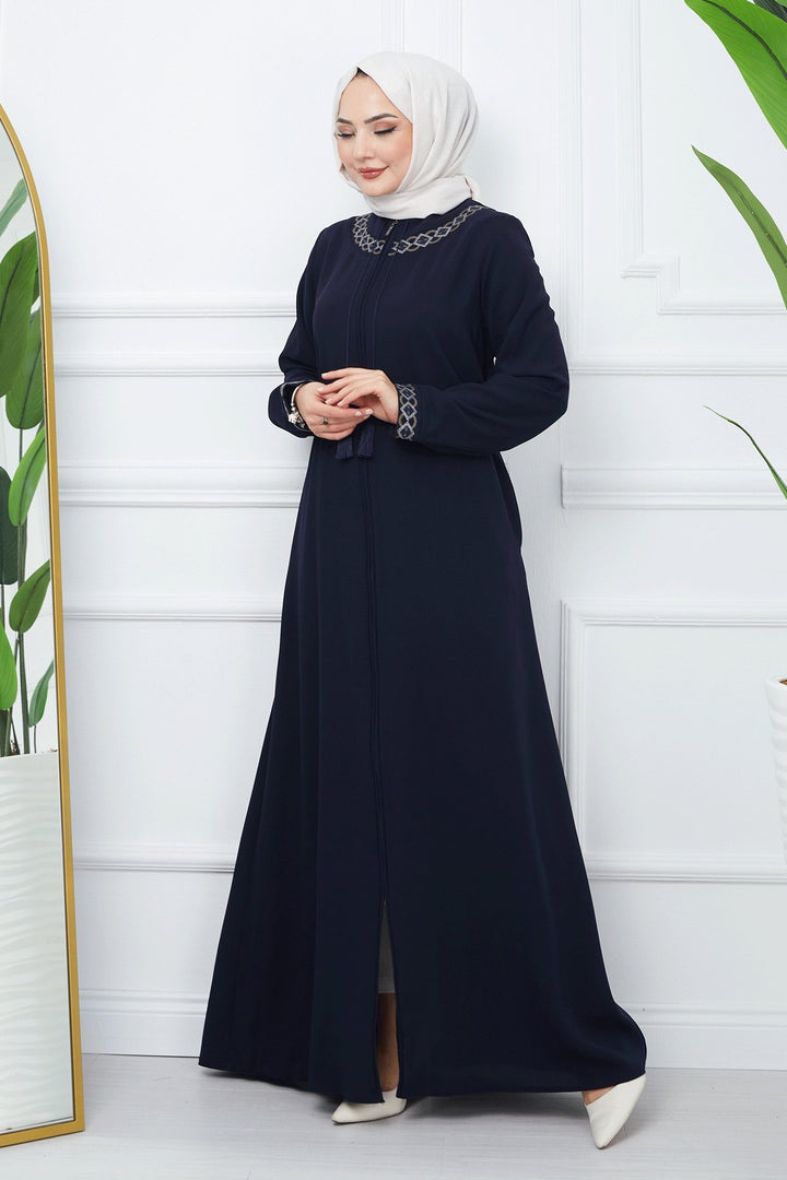 MDS Women Embroidered Pattern Honeycomb Fabric Abaya - Navy Blue - Waterbury