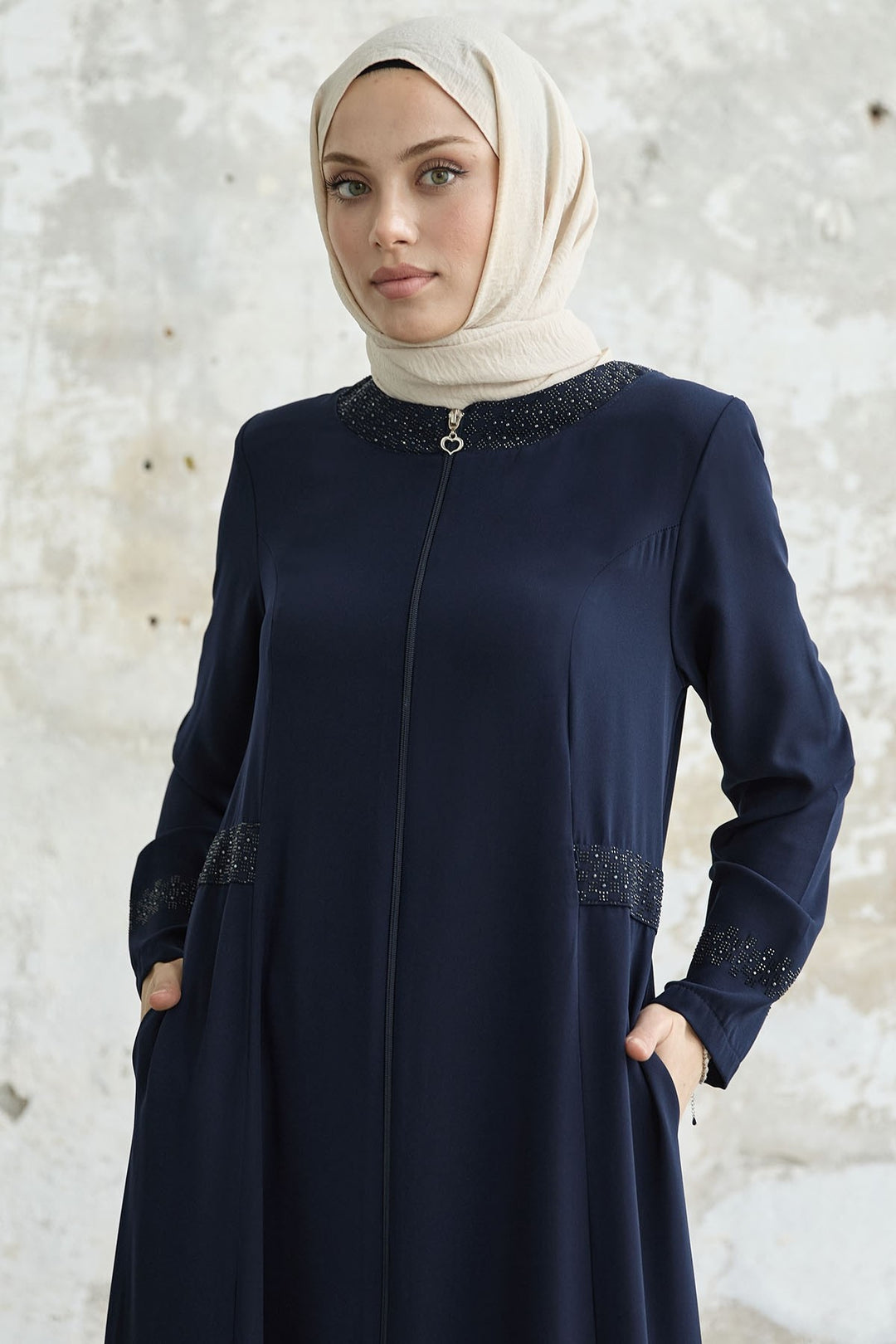 MDS Women Stone-embellished Abaya with Collar and Sleeves - Navy Blue - Herriman
