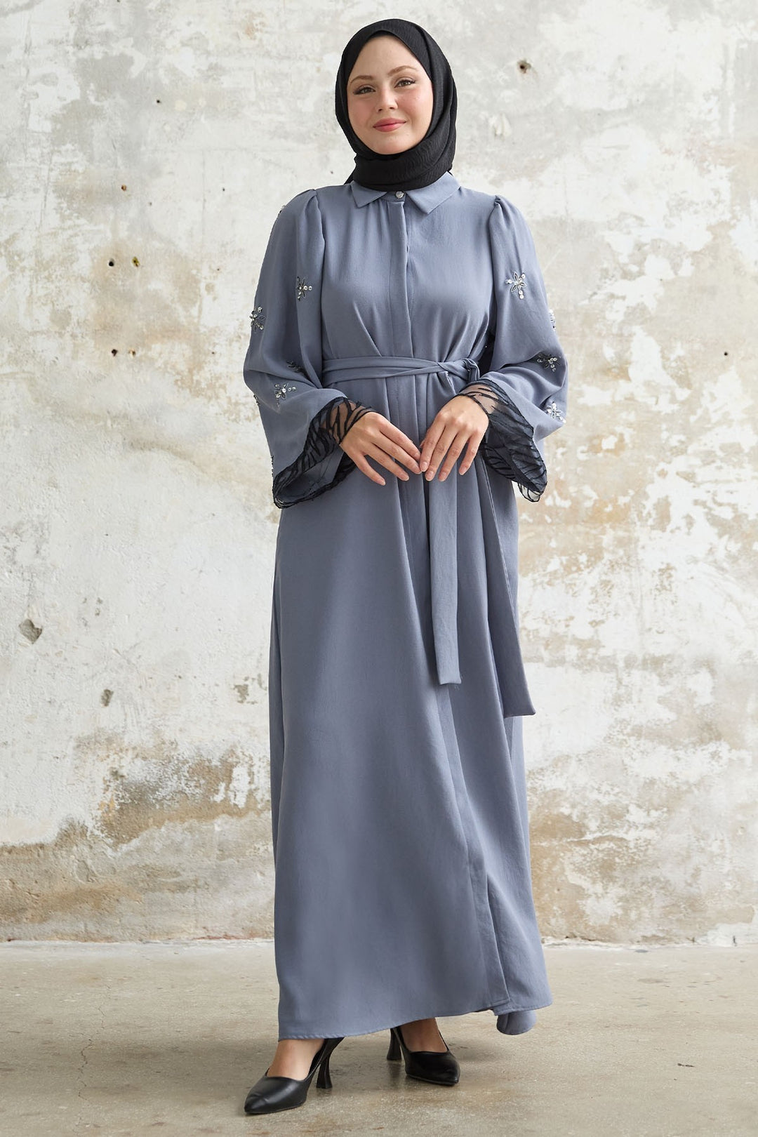 MDS Women Tulle Detail Sequined Gray Abaya - Köniz