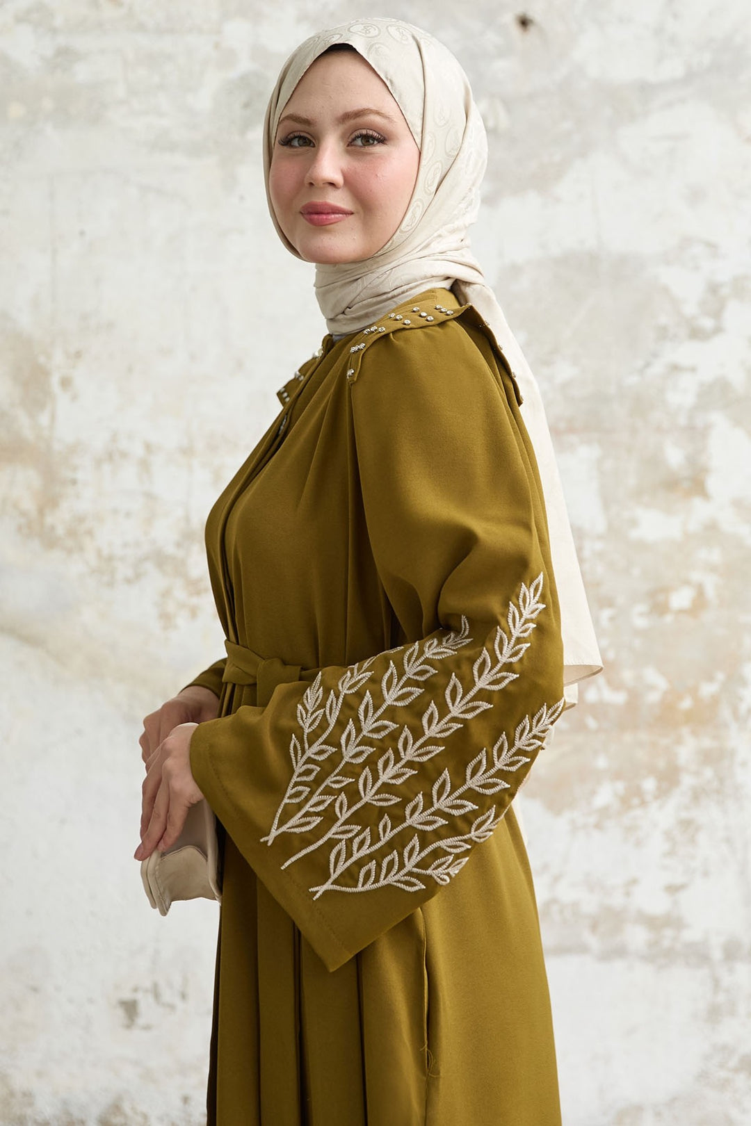 MDS Women Olive Green Abaya with Stone Embroidery on the Shoulder - Aguadilla