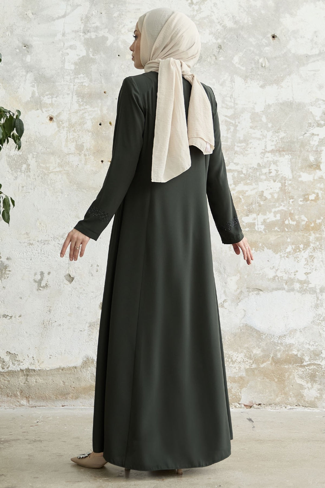 MDS Women Stone-embellished Abaya with Collar and Sleeves - khaki - Bitonto