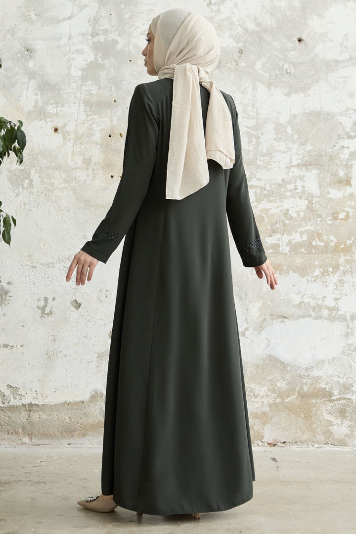 MDS Women Stone-embellished Abaya with Collar and Sleeves - khaki - Bitonto