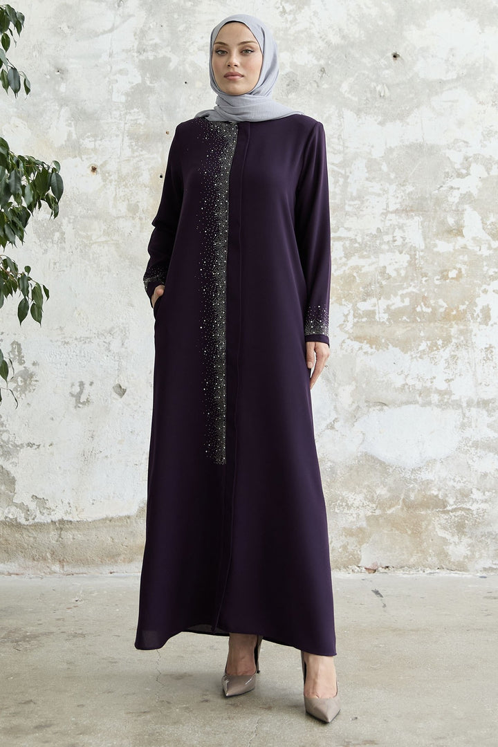 MDS Women Stone-embroidered Abaya with Right Side - Purple - Hickory