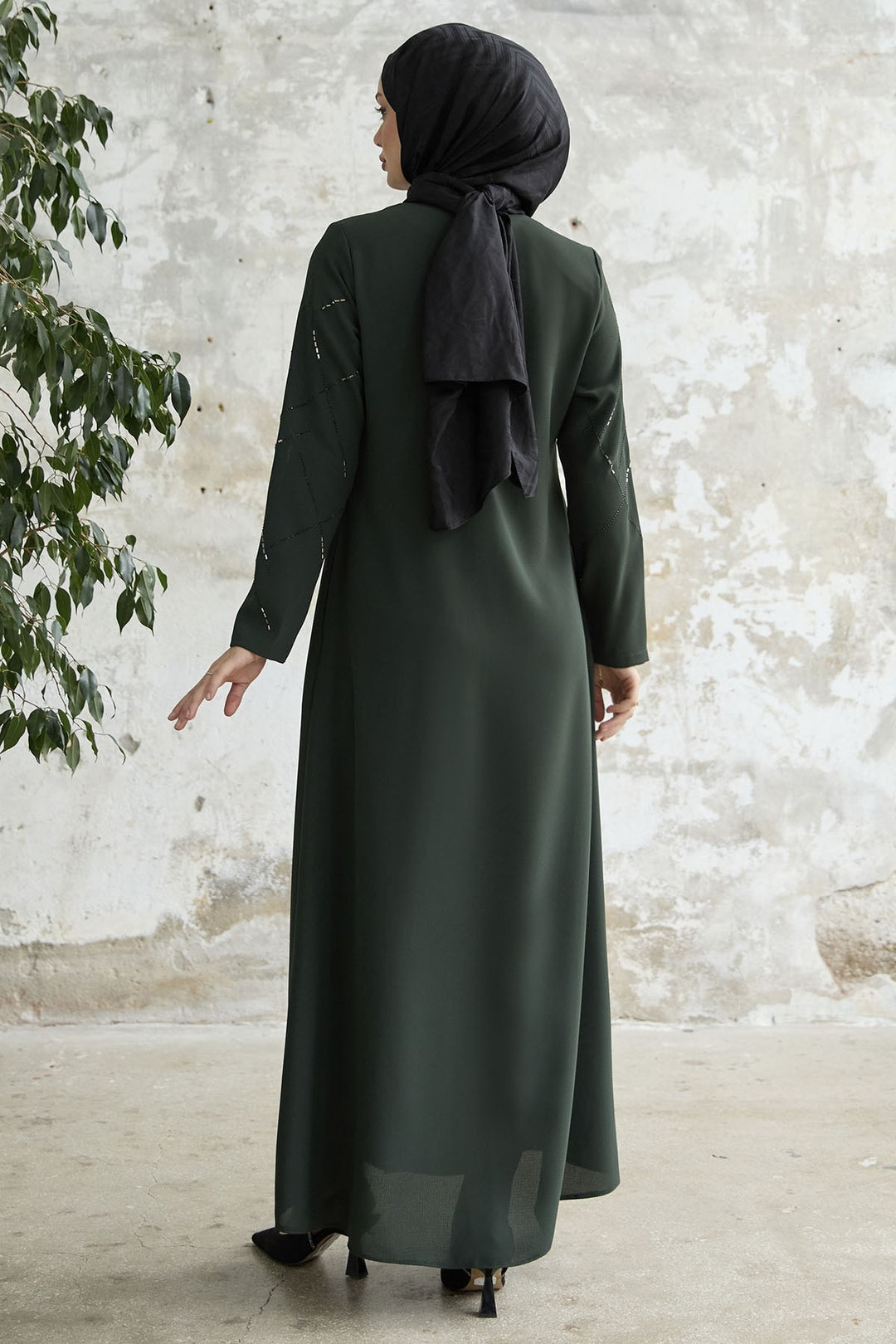 MDS Women Sequined Stone Embroidered Abaya - Khaki - Compiègne