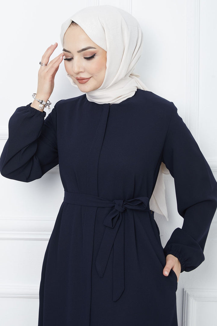 MDS Women Belted Honeycomb Fabric Abaya - Navy - Martinez