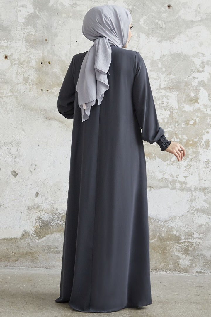 MDS Women Pleated Medina Silk Abaya - Anthracite - Caen