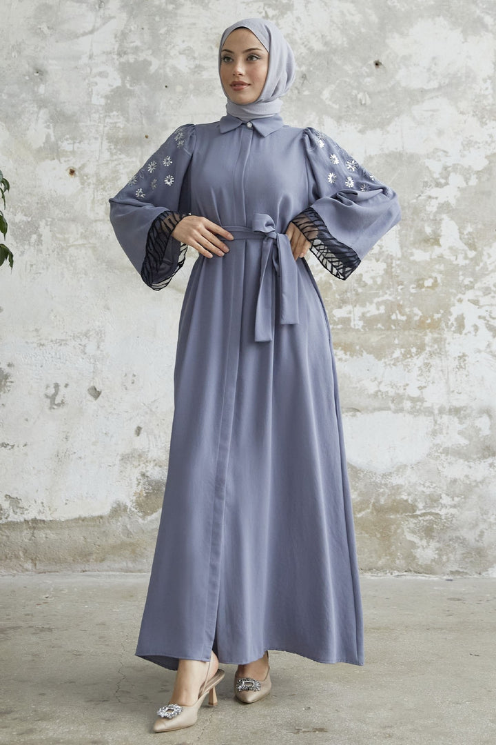 MDS Women Cashmere Embroidered Sleeve Abaya - Gray - Nijkerk