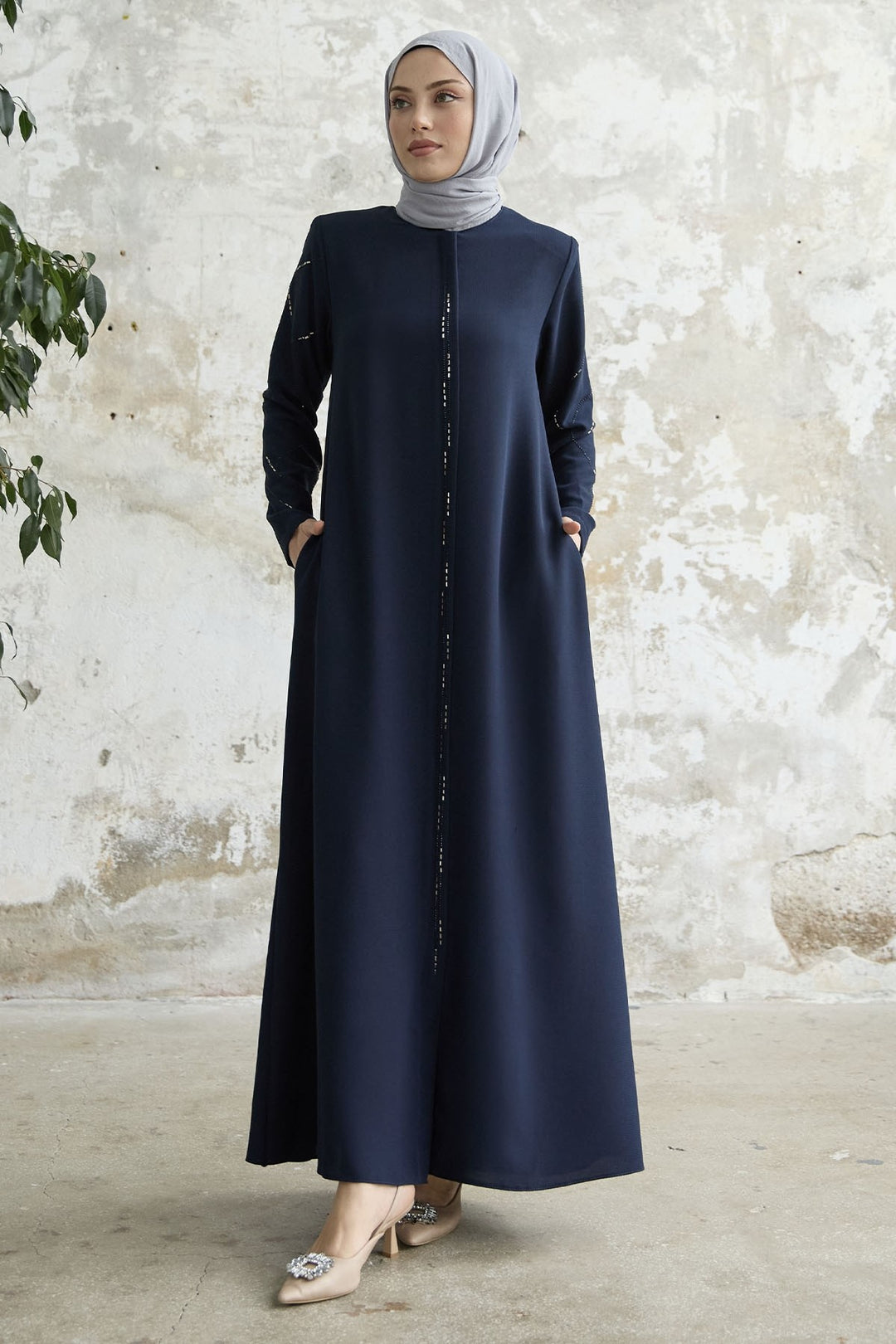 MDS Women Sequined Stone Embroidered Abaya - Navy Blue - Graz