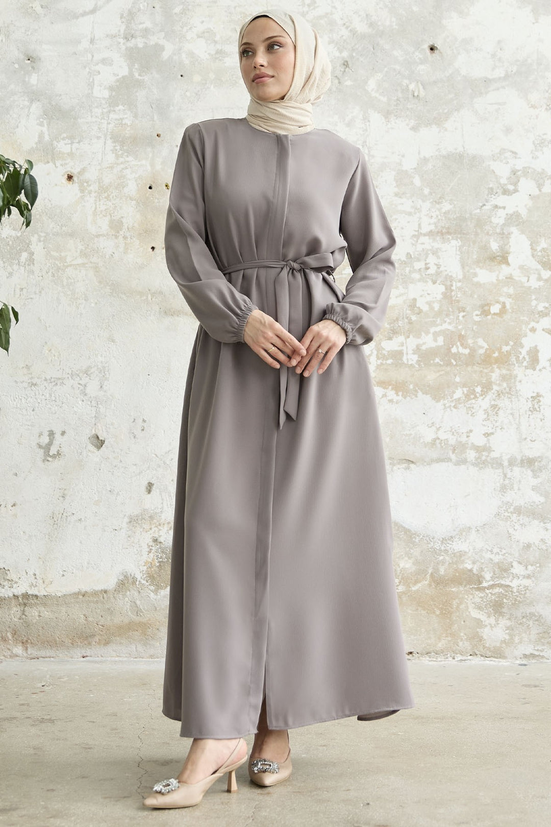 MDS Women Belted Honeycomb Fabric Abaya - Lilac - Bloomington