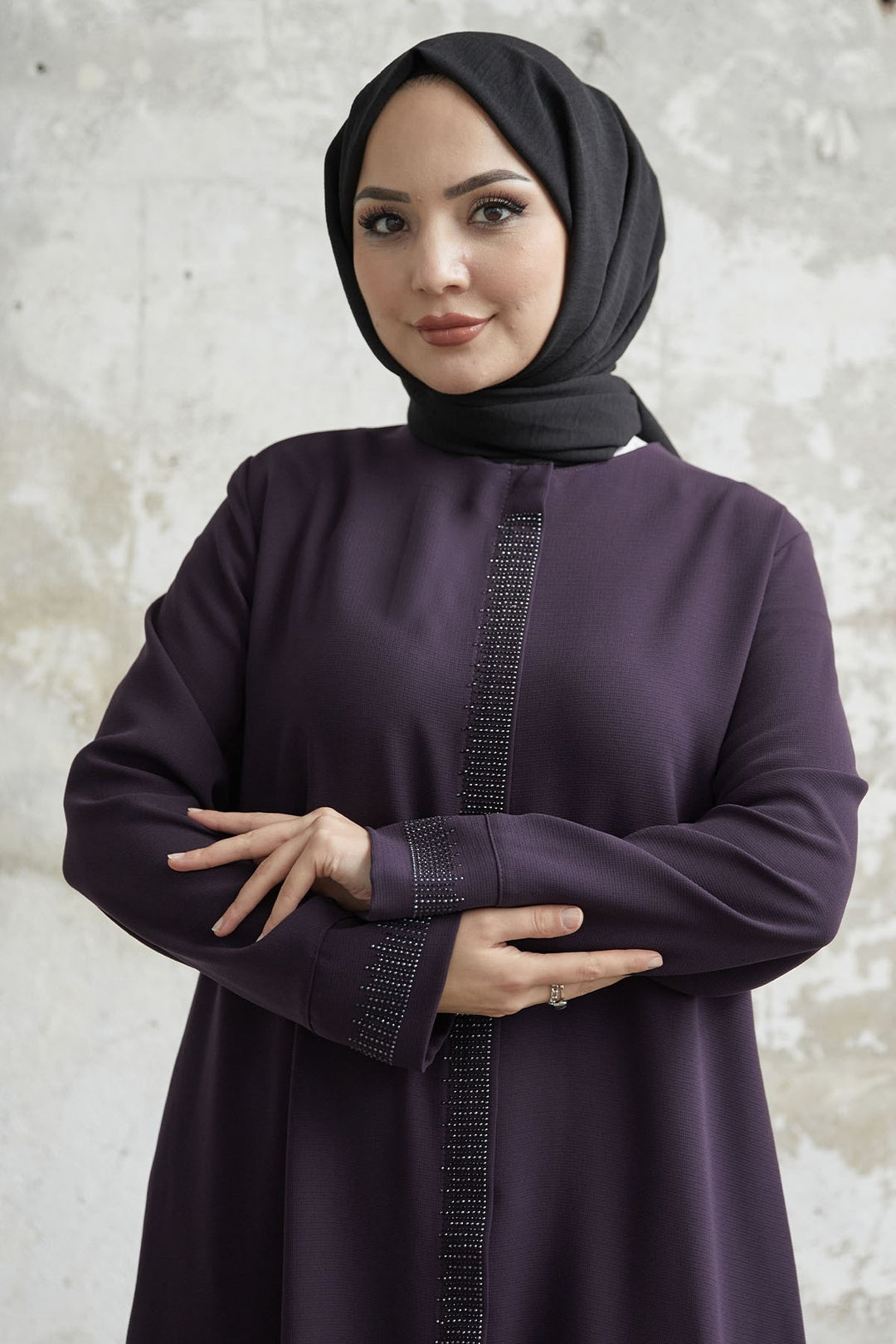MDS Women Stone Robe Detailed Abaya - Purple - Great Yarmouth