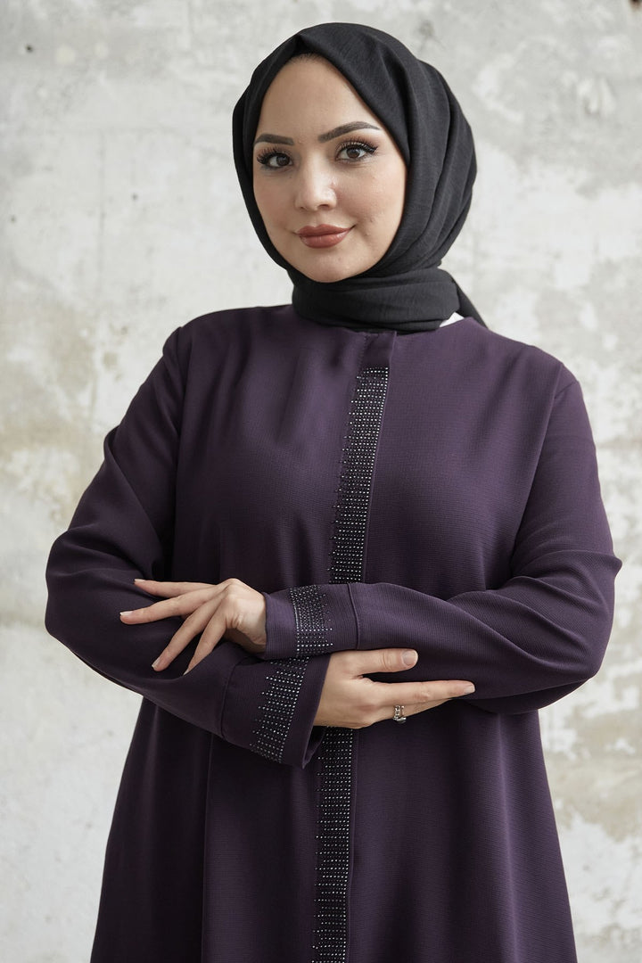 MDS Women Stone Robe Detailed Abaya - Purple - Great Yarmouth