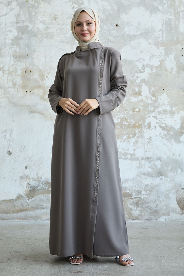 MDS Women Beige Abaya with Stone-embellished Collar and Front Scarf - Altrincham