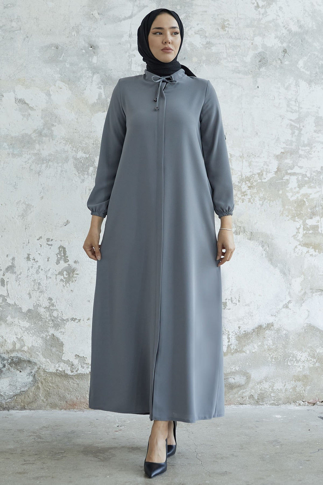 MDS Women Laced Hidden Button Abaya - Light Grey - Motril