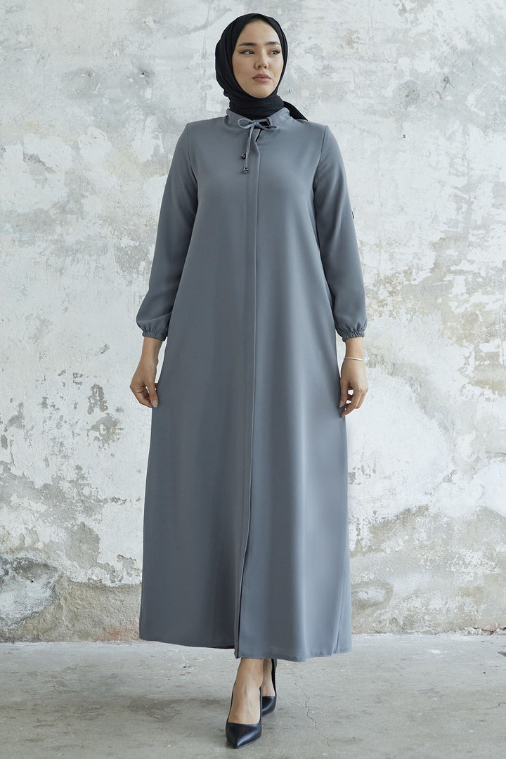 MDS Women Laced Hidden Button Abaya - Light Grey - Motril