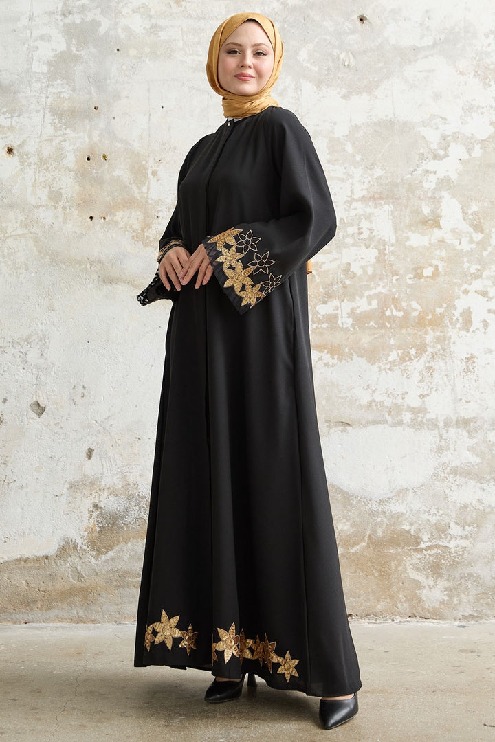MDS Women Flower Stamp Detail Black Abaya - Schaumburg