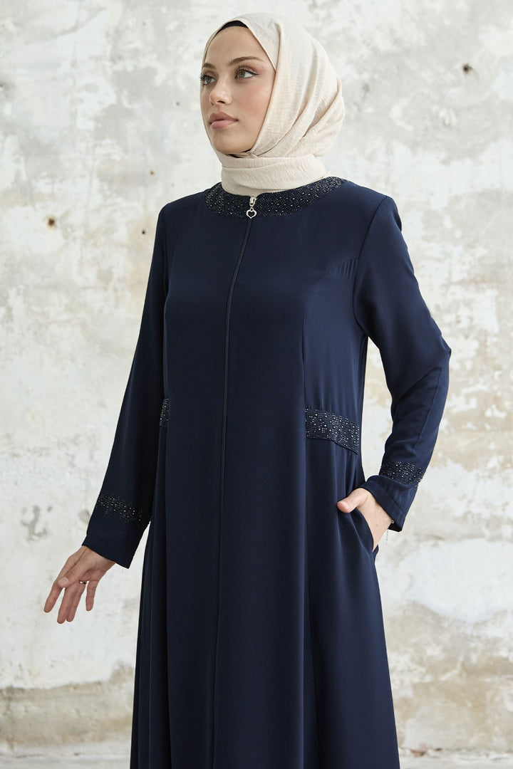 MDS Women Stone-embellished Abaya with Collar and Sleeves - Navy Blue - Herriman
