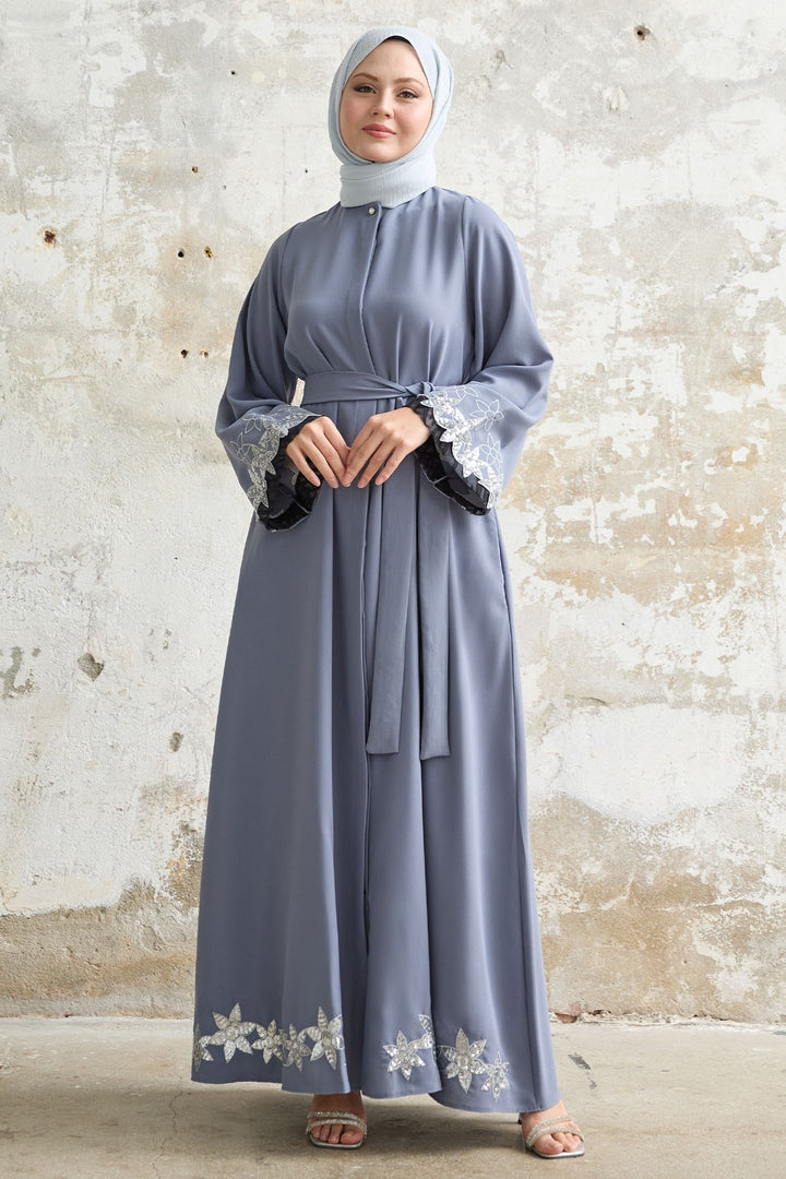 MDS Women Flower Stamp Detail Gray Abaya - Ensenada