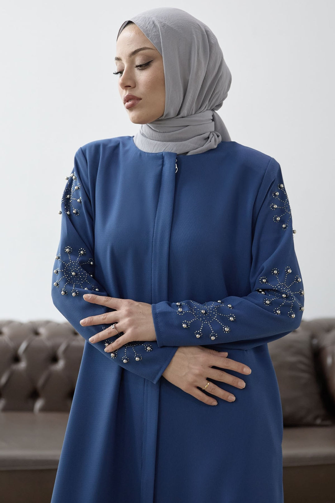 MDS Women Sleeves Pearl Stone Detail Abaya - Indigo - Portici
