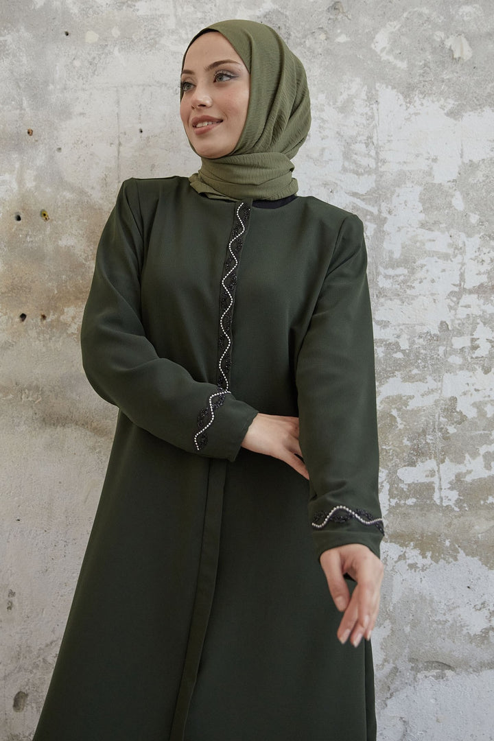 MDS Women Spiral Stone Detailed Honeycomb Abaya - Khaki - Huntsville