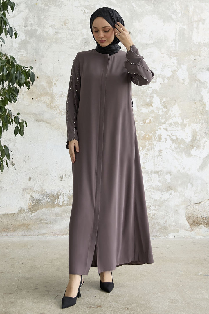 MDS Women Sleeves Stone Processing Abaya - Milky Coffee - Diamond Bar