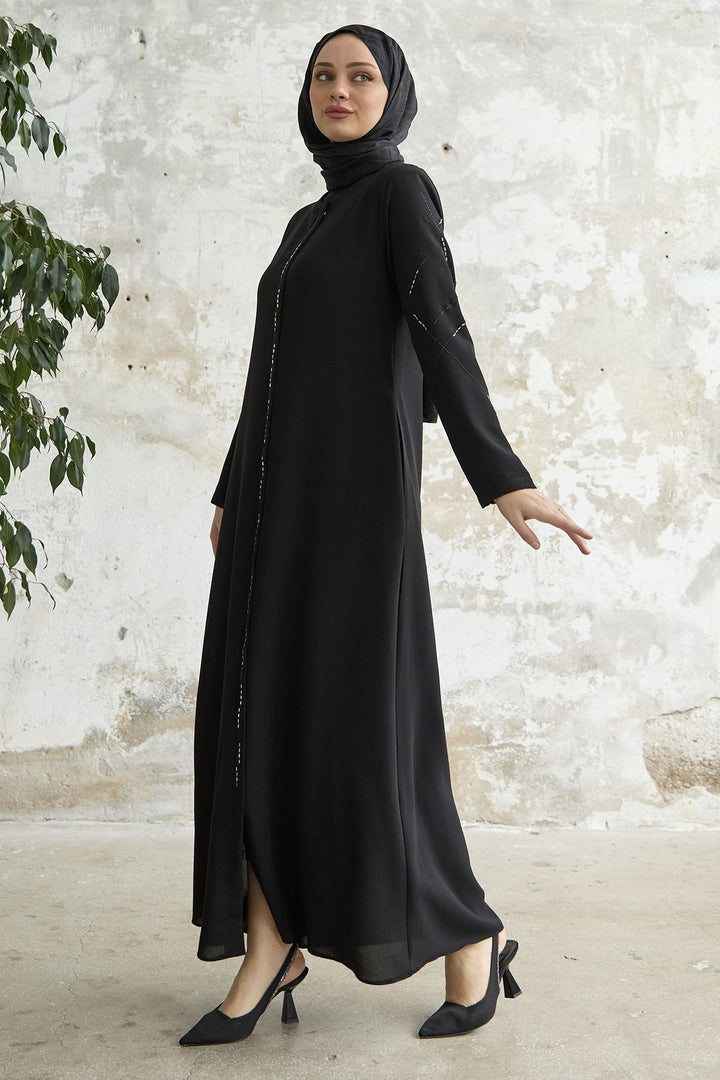 MDS Women Sequined Stone Embroidered Abaya - Black - San Pedro