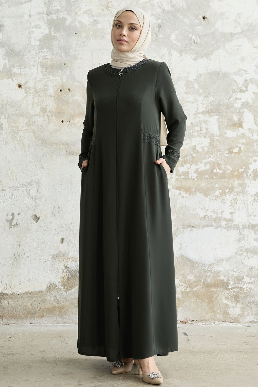 MDS Women Stone-embellished Abaya with Collar and Sleeves - khaki - Bitonto