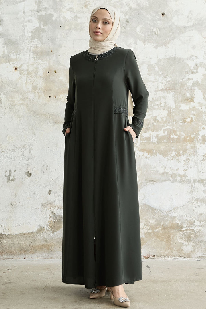 MDS Women Stone-embellished Abaya with Collar and Sleeves - khaki - Bitonto