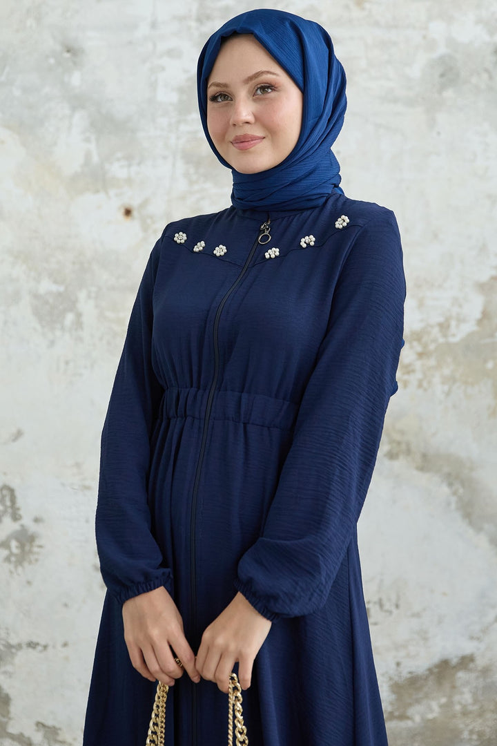 MDS Women Flower Pearl Embroidered Elastic Navy Abaya - San Pedro Mixtepec