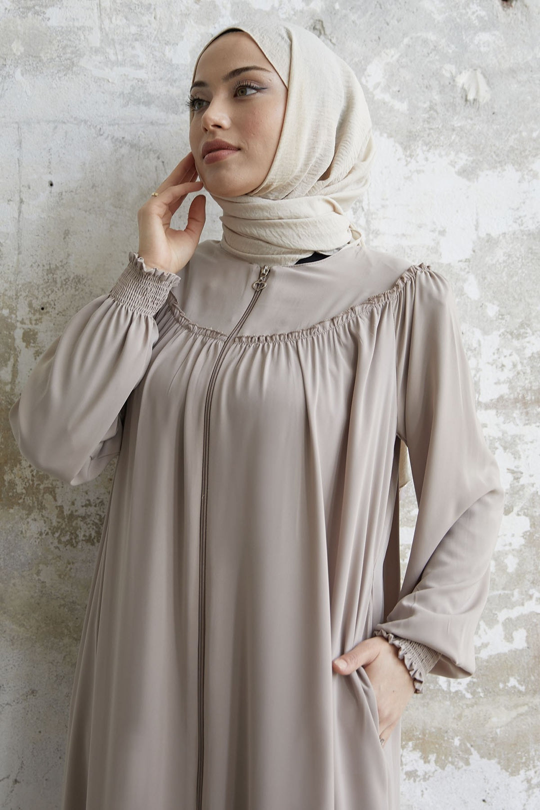 MDS Women Sleeve Tip Ruffled Abaya - Beige - Colima