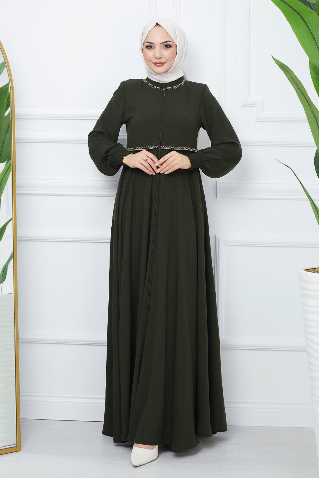 MDS Women Embroidered Mevlana Fabric Abaya - Khaki - Reston