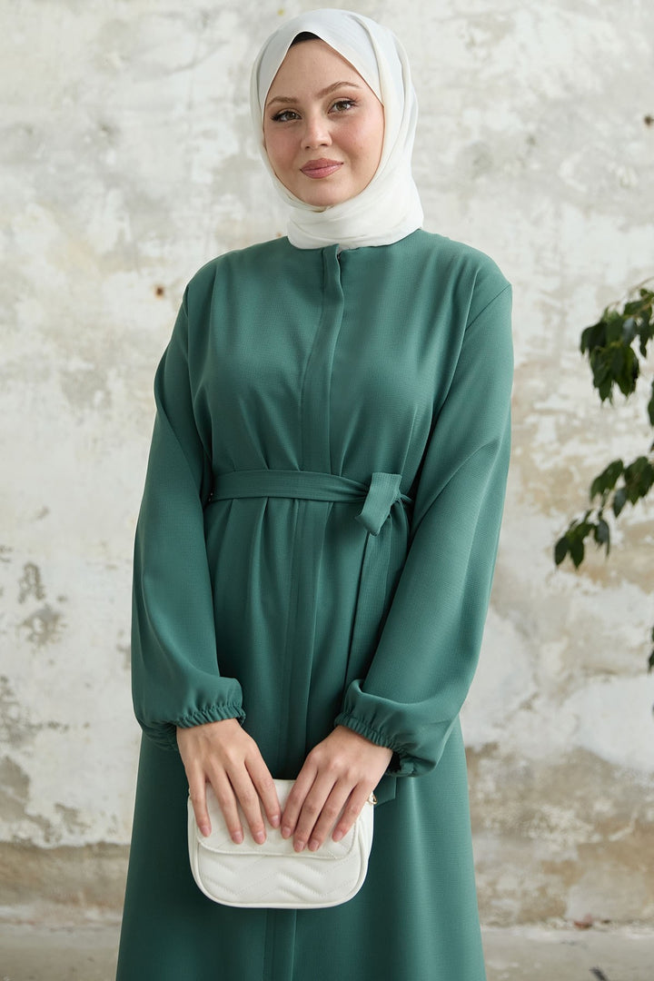 MDS Women Belted Honeycomb Fabric Green Abaya - Veghel