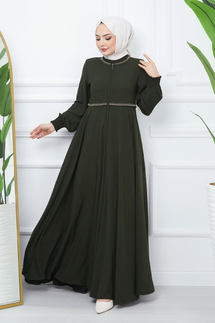 MDS Women Embroidered Mevlana Fabric Abaya - Khaki - Reston