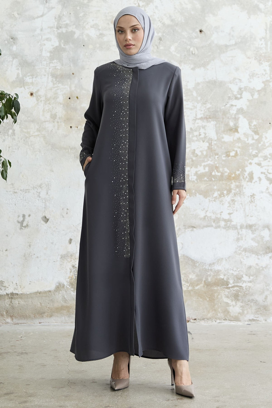 MDS Women Stone-embellished Abaya with Right Side - Anthracite - Tlalmanalco