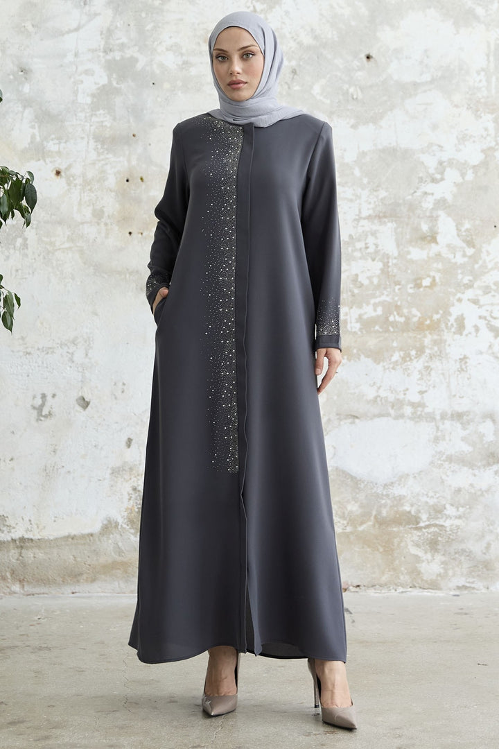MDS Women Stone-embellished Abaya with Right Side - Anthracite - Tlalmanalco