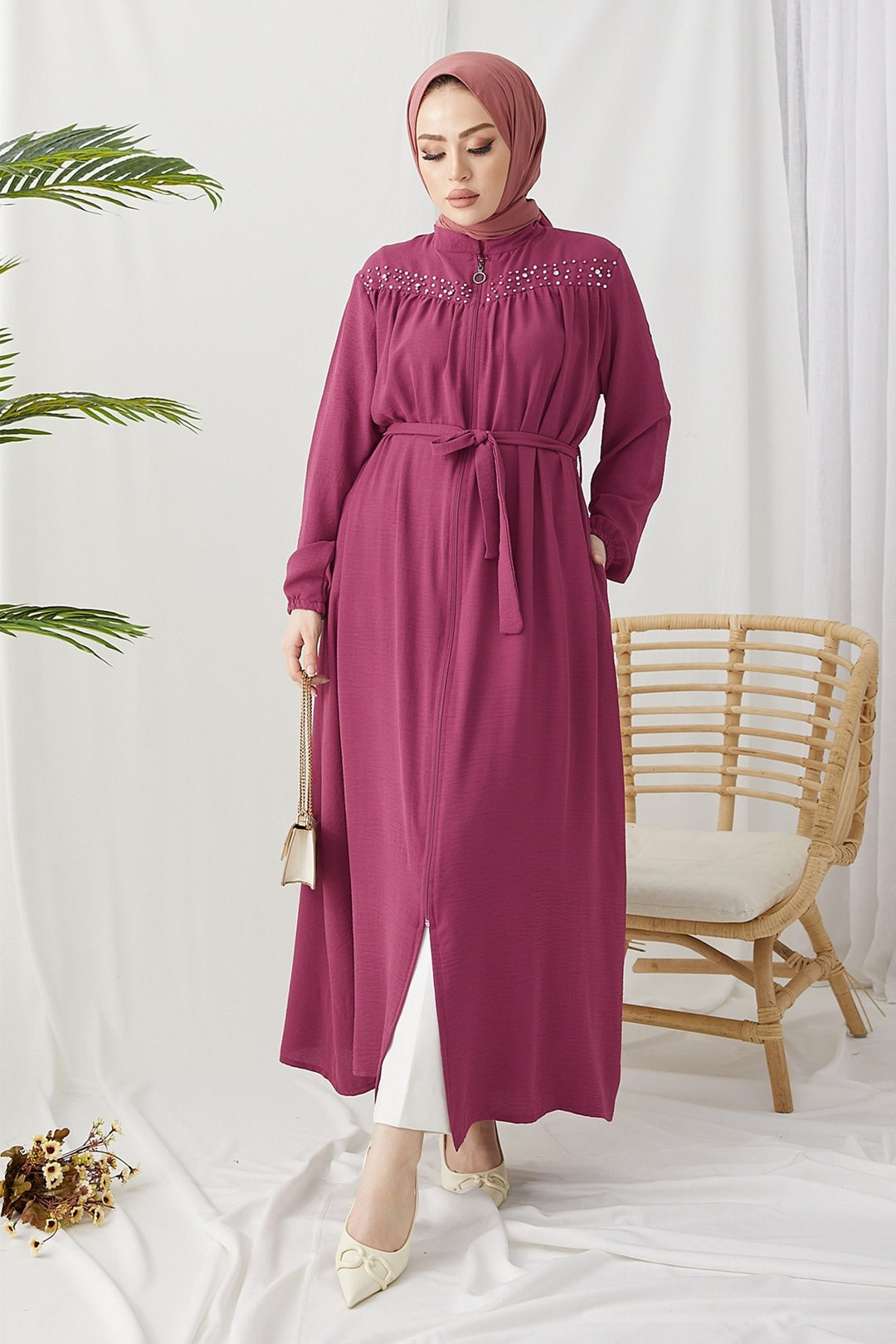 MDS Women Mosa Pearl Detailed Zippered Abaya - Rose Pink - Webster