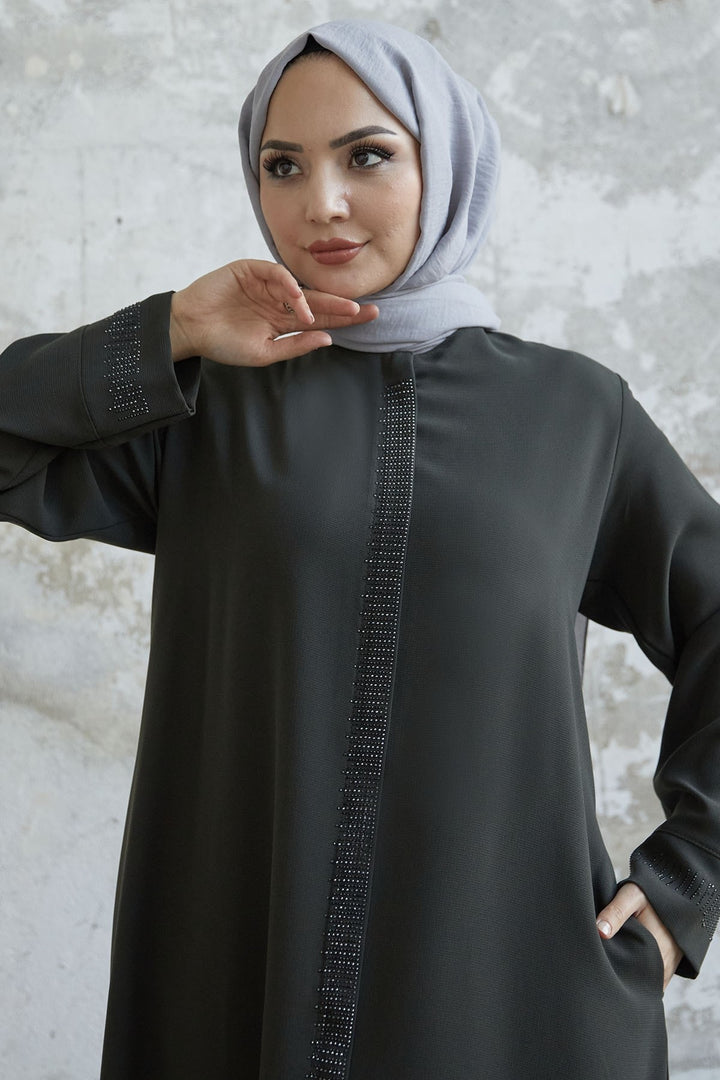 MDS Women Stone Robe Detailed Abaya - Khaki - Druzhkivka