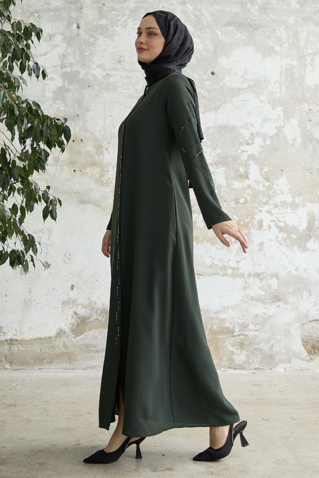 MDS Women Sequined Stone Embroidered Abaya - Khaki - Compiègne