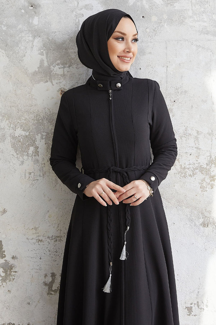 MDS Women Satin Collar Buttoned Belted Abaya - Black - Skelmersdale