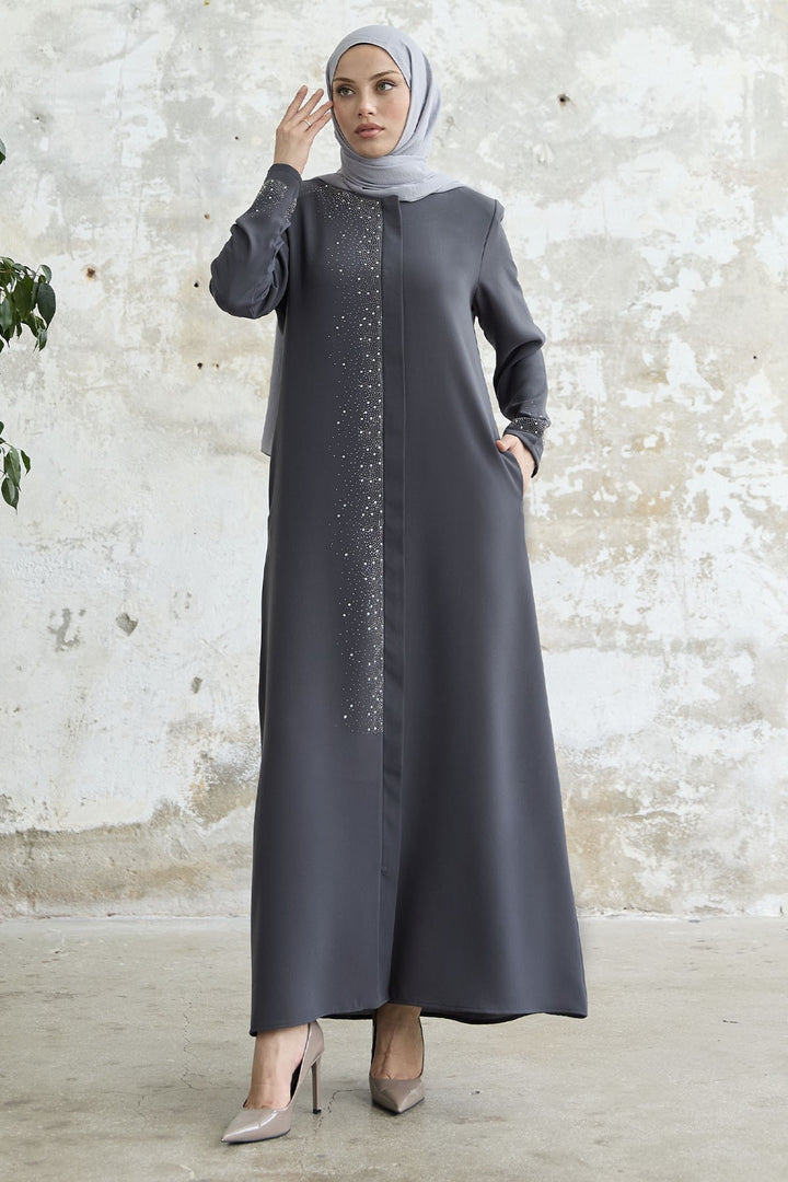 MDS Women Stone-embellished Abaya with Right Side - Anthracite - Tlalmanalco