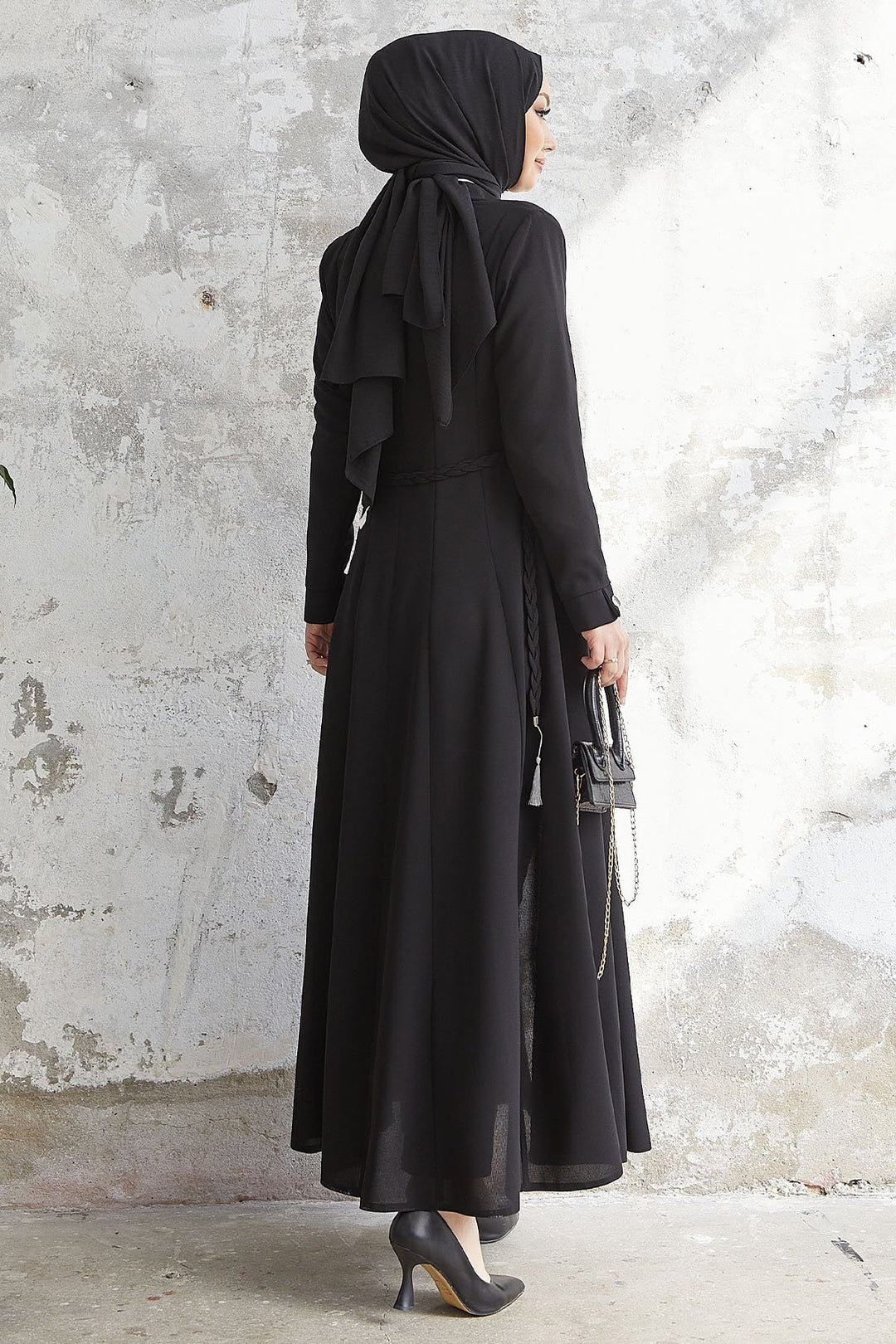 MDS Women Satin Collar Buttoned Belted Abaya - Black - Skelmersdale